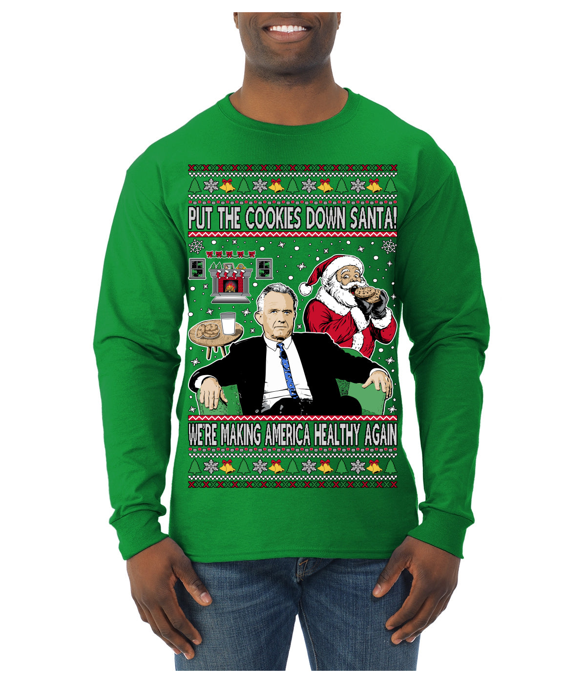 Put the Cookies Down Make America Healthy Again RFK Ugly Christmas Sweater Mens Long Sleeve Shirt