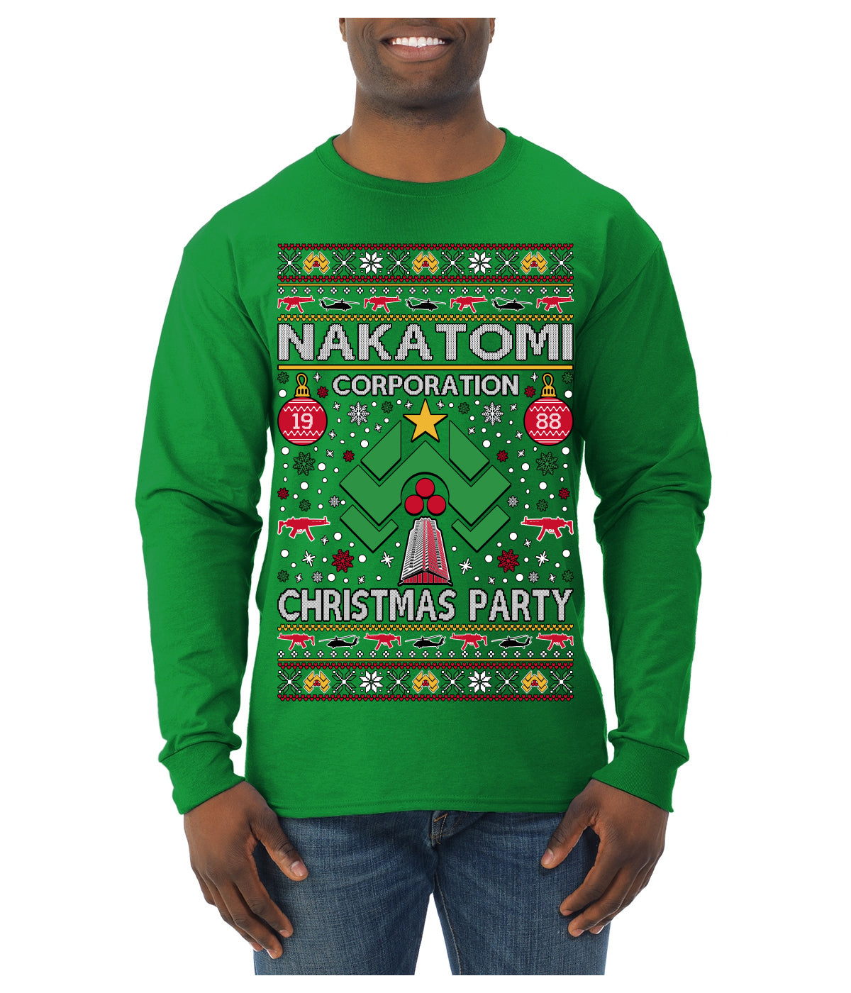 Nakatomi Corporation Christmas Party 1988 Plaza Logo, Classic Die Hard McClane 80s Xmas Movie Quote Ugly Christmas Sweater Mens Long Sleeve Shirt