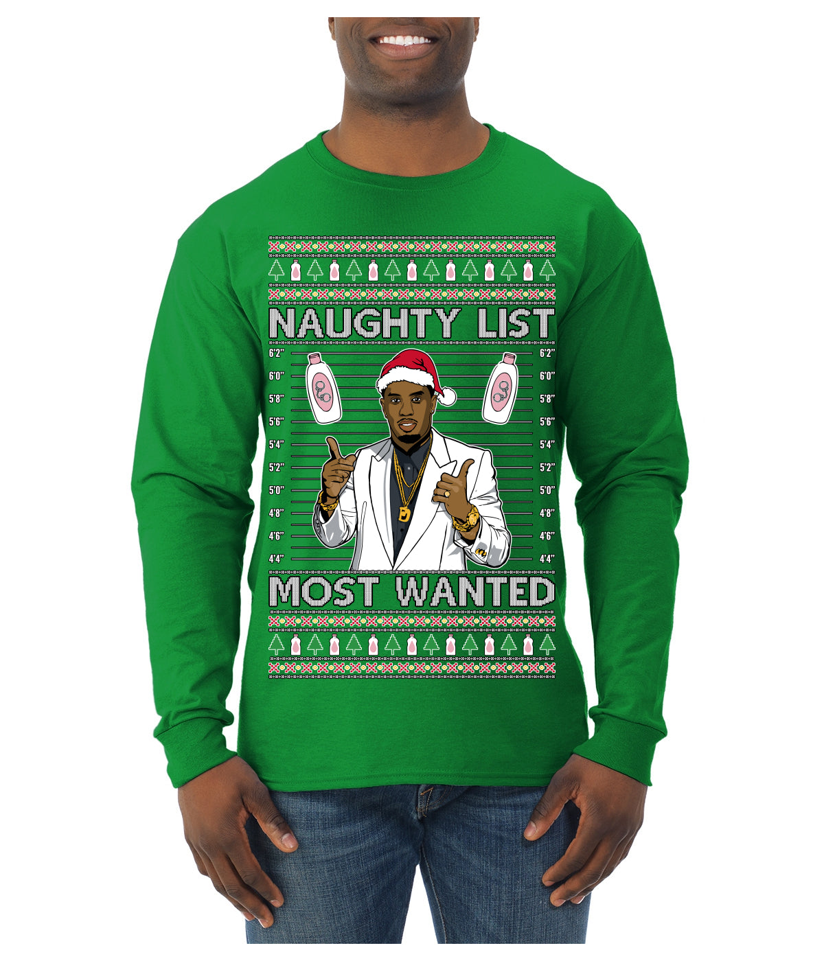 Naughty List Most Wanted, Funny Santa P Diddy Diddler Funny Party Viral Music Baby Oil Meme Ugly Christmas Sweater Mens Long Sleeve Shirt