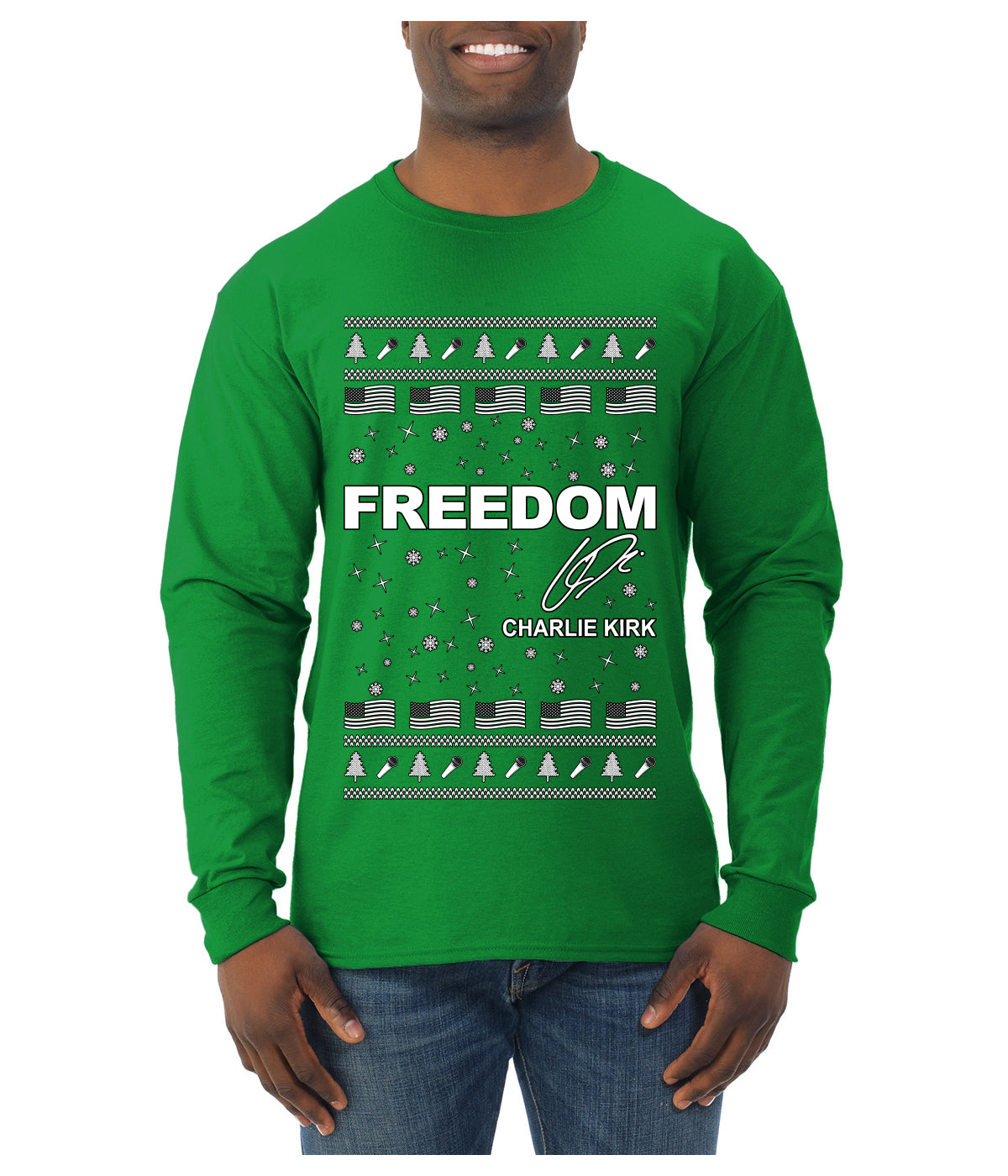 Freedom, Charlie Kirk Political Activist, Right Wing, Ugly Christmas Sweater Mens Long Sleeve Shirt