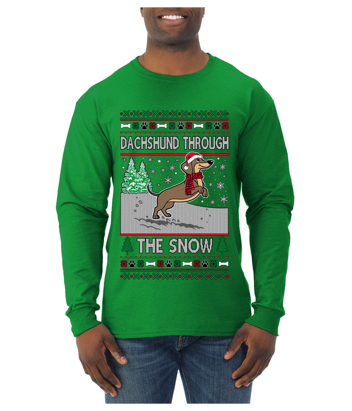 Dachshund Through The Snow, Cute Dog Christmas Sweater, Ugly Christmas Sweater Mens Long Sleeve Shirt