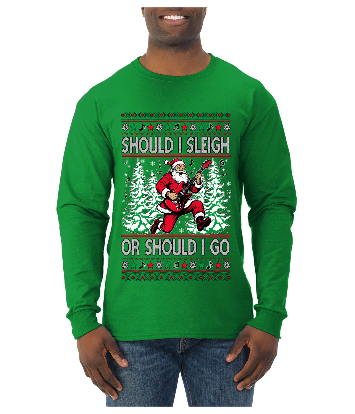 Should I Sleigh Or Should I Go, 80s Rock n' Roll Song, Electric Guitar, Ugly Christmas Sweater Mens Long Sleeve Shirt