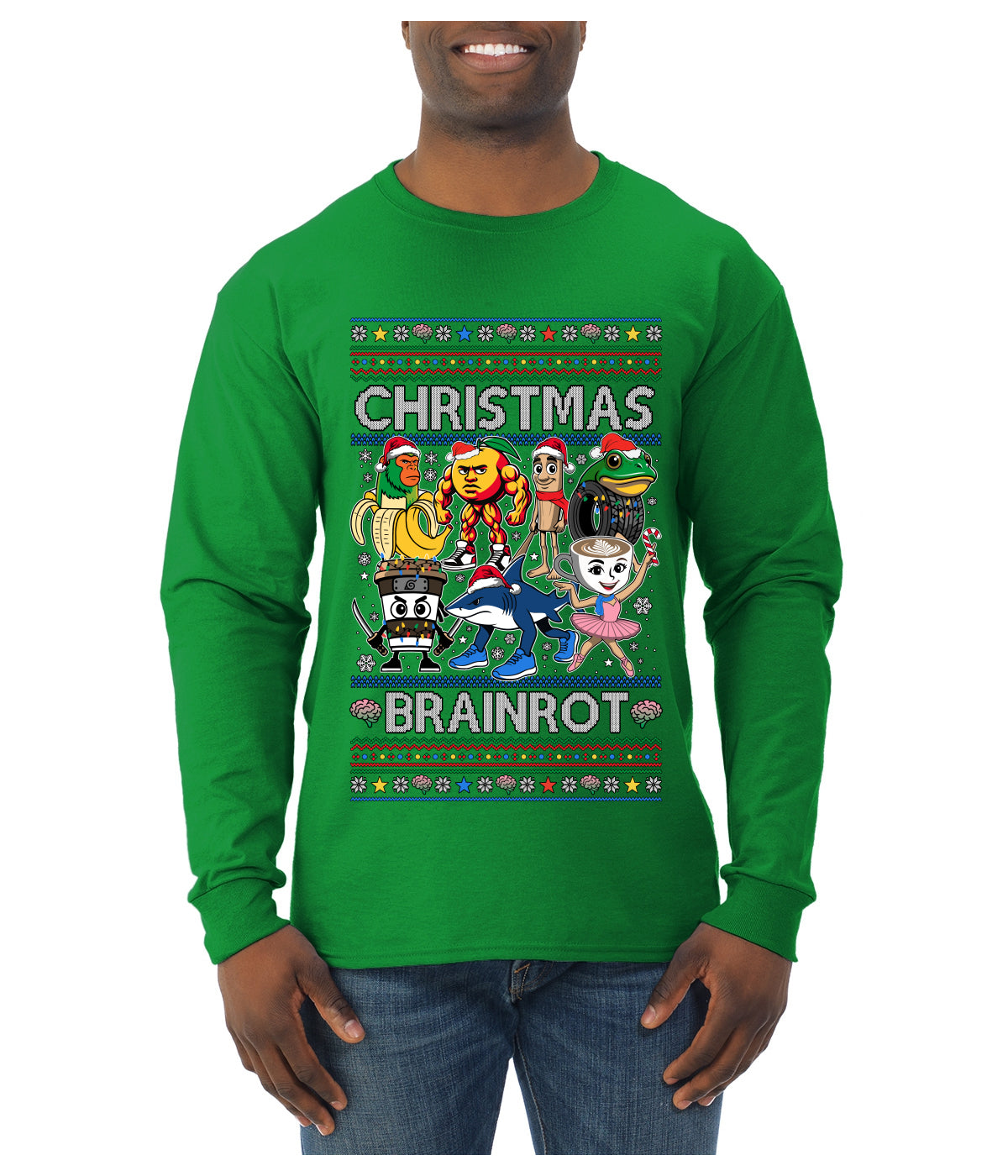 Christmas Brainrot, Ugly Christmas Sweater Mens Long Sleeve Shirt