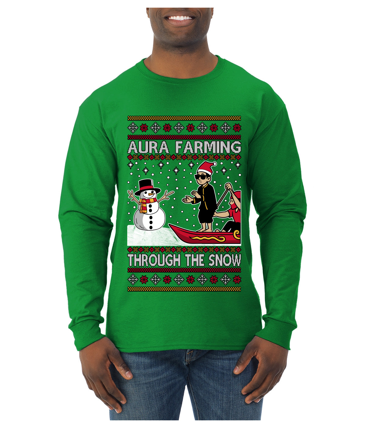 Aura Farming Through The Snow Meme, Ugly Christmas Sweater Unisex Mens Long Sleeve Shirt