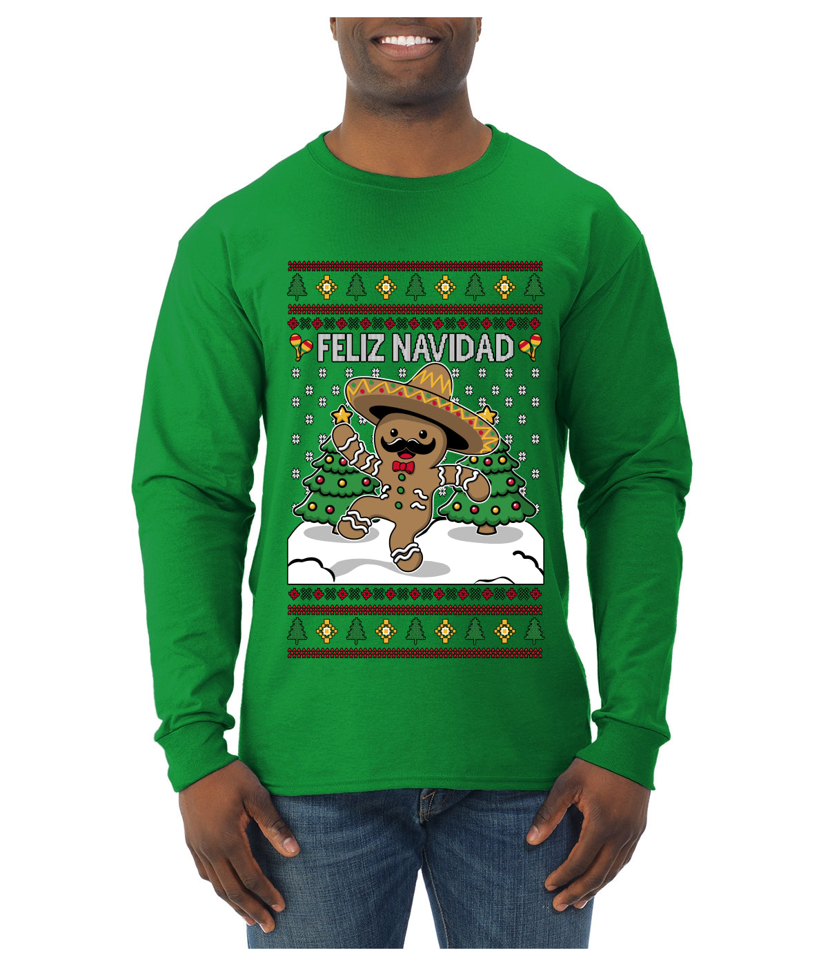 Feliz Navidad Dancing Gingerbread Man, Ugly Christmas Sweater Unisex Mens Long Sleeve Shirt