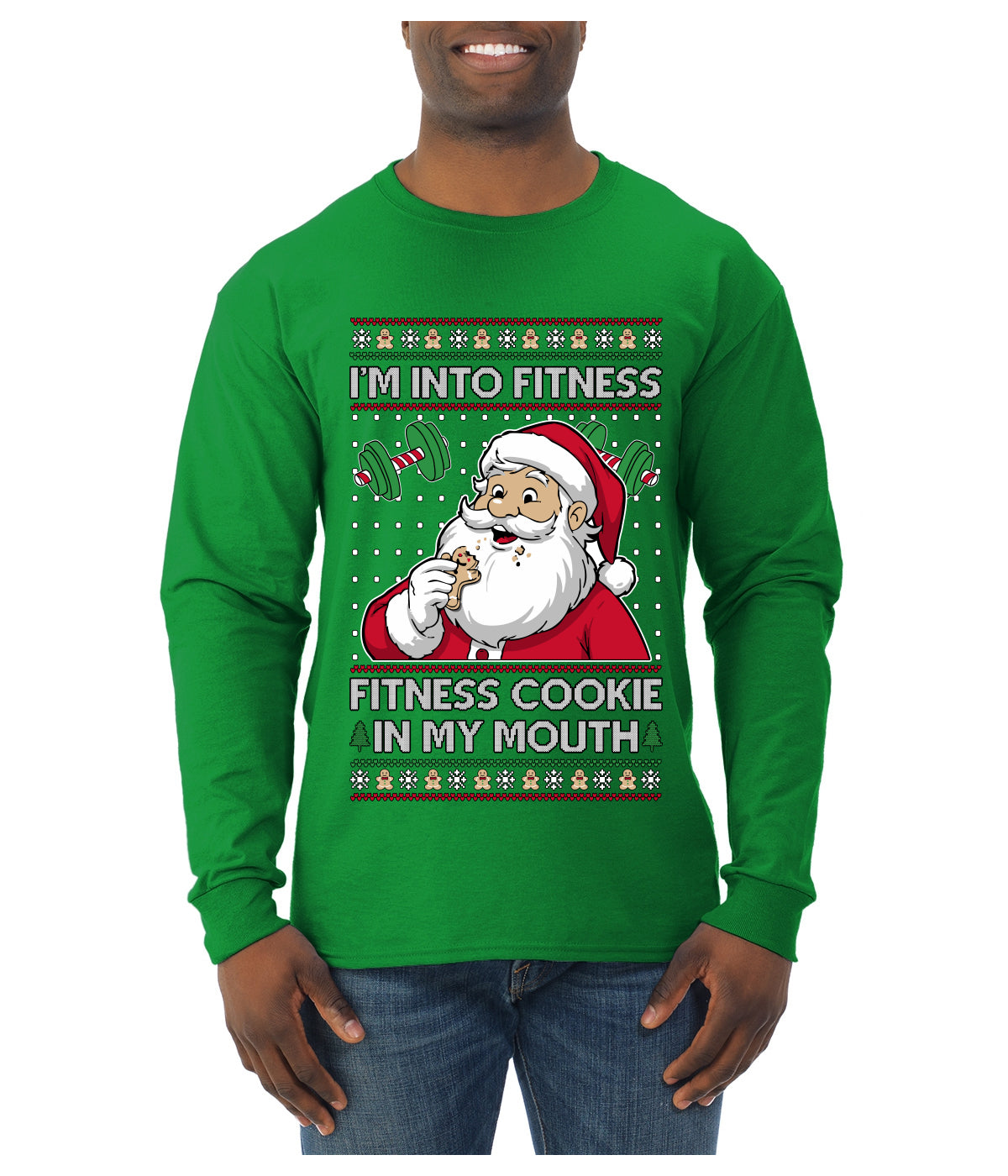 I'm Into Fitness Cookie In My Mouth Santa, Ugly Christmas Sweater Unisex Mens Long Sleeve Shirt