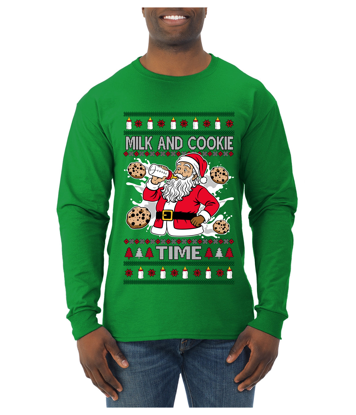 Milk And Cookie Time, Ugly Christmas Sweater Unisex Mens Long Sleeve Shirt