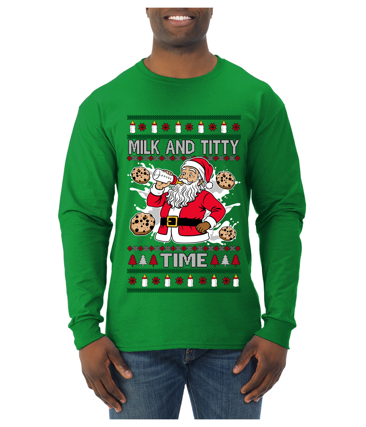 Milk And Titty Time, Ugly Christmas Sweater Unisex Mens Long Sleeve Shirt