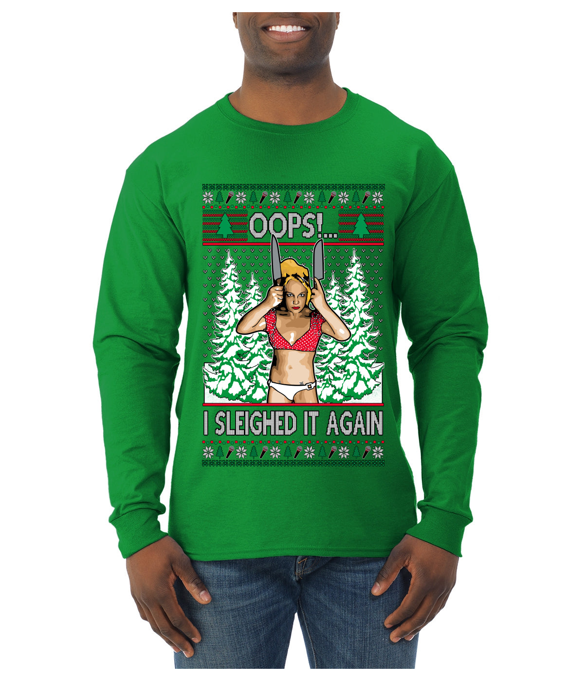 Funny, Knives Popstar Dancing, Music Lover Comedic Christmas Sweater Design, Ugly Christmas Sweater Unisex Mens Long Sleeve Shirt