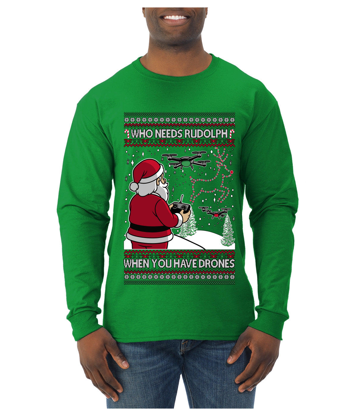 Santa Drone Show Reindeer, Ugly Christmas Sweater Unisex Mens Long Sleeve Shirt