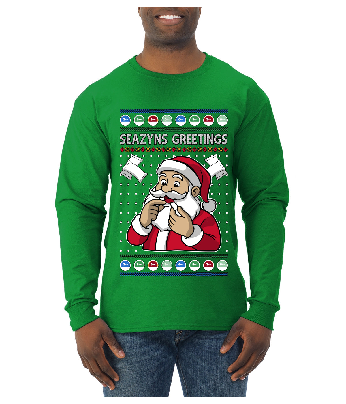 Seazyns Greeting Santa Packing Lip Pouch, Ugly Christmas Sweater Unisex Mens Long Sleeve Shirt