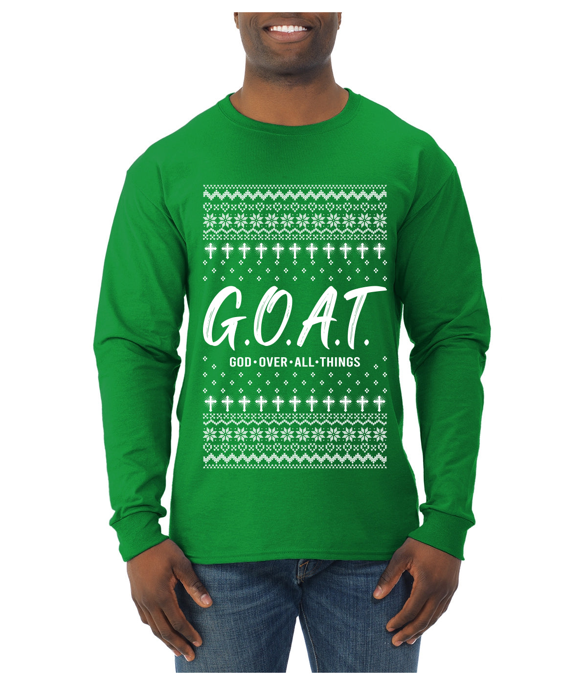 G.O.A.T. God Over All Things, Ugly Christmas Sweater Unisex Mens Long Sleeve Shirt