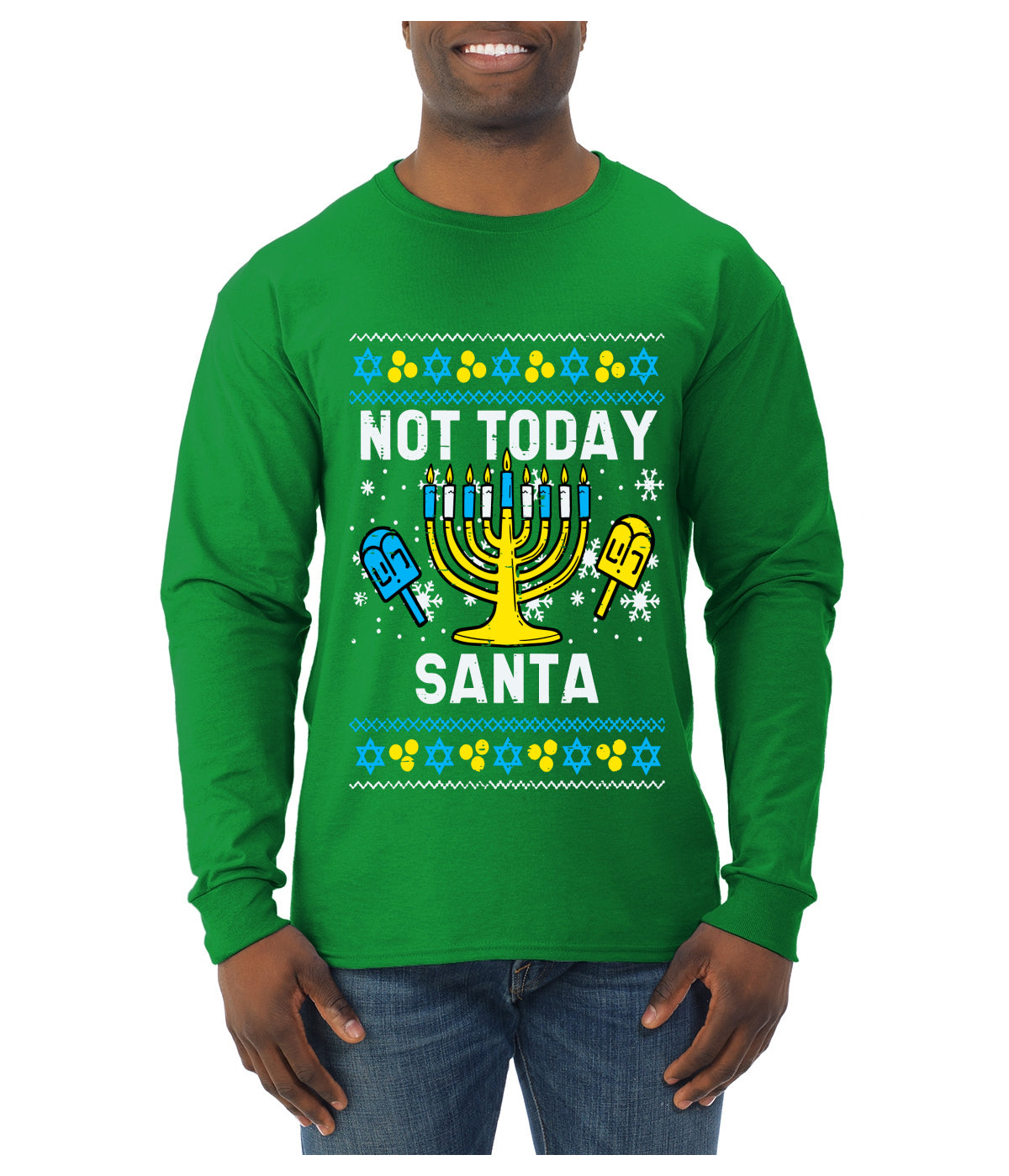 Not Today Santa Menorah Hanukkah, Ugly Christmas Sweater Unisex Mens Long Sleeve Shirt