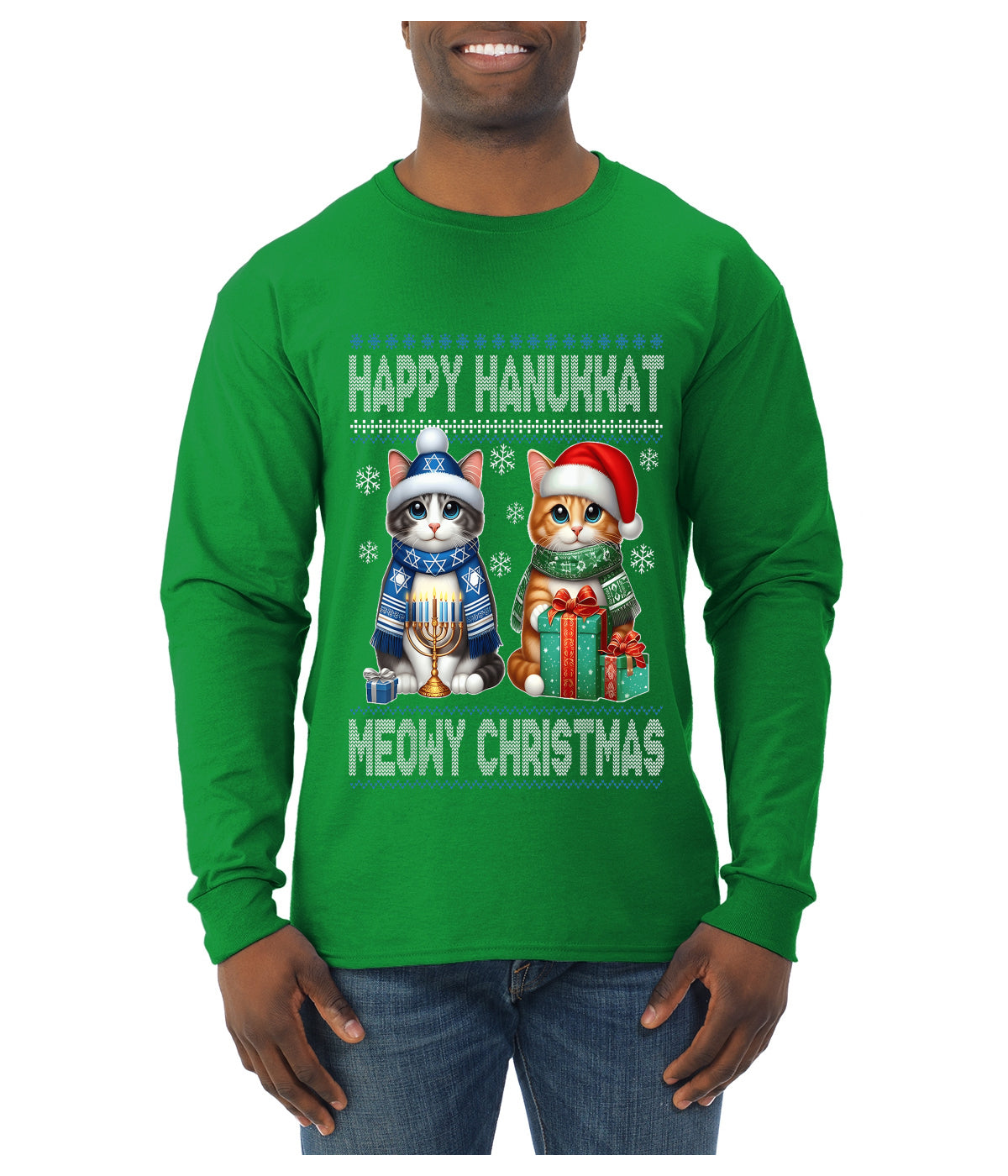 Happy Hanukkat Meowy Christmas, Ugly Christmas Sweater Unisex Mens Long Sleeve Shirt