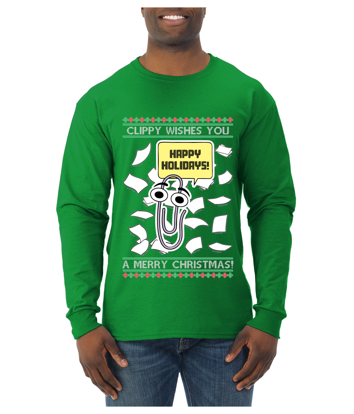 Clippy Wishes You A Merry Christmas Office Assistant, Ugly Christmas Sweater Unisex Mens Long Sleeve Shirt
