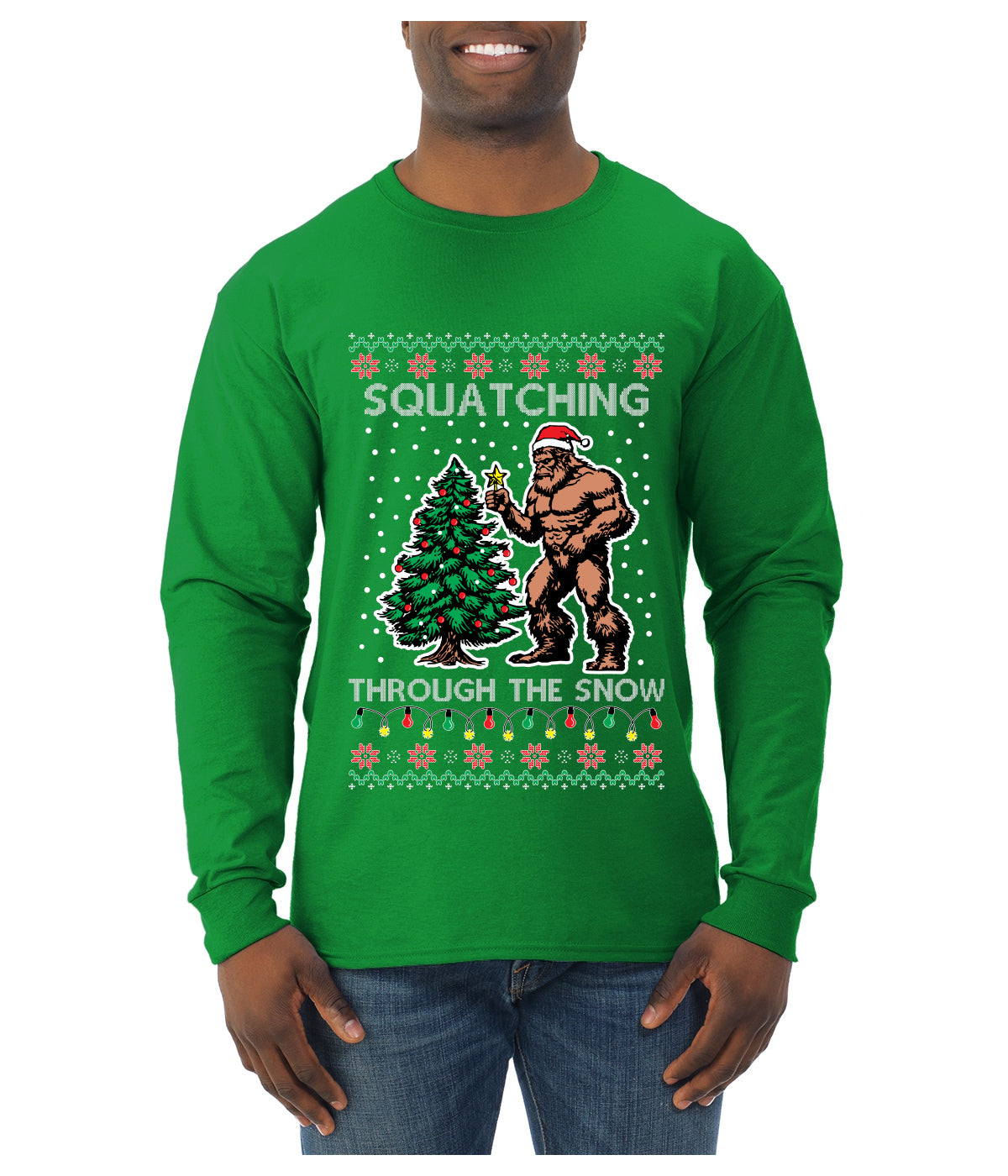 Squatching Through The Snow Bigfoot, Ugly Christmas Sweater Unisex Mens Long Sleeve Shirt