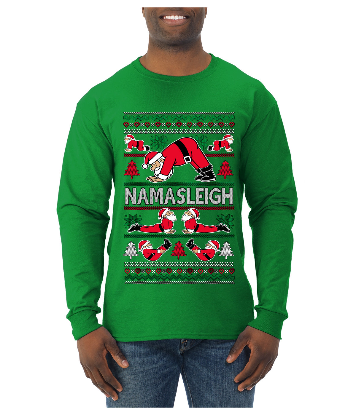 Namasleigh, Namaste Yoga Santa Claus, Ugly Christmas Sweater Unisex Mens Long Sleeve Shirt