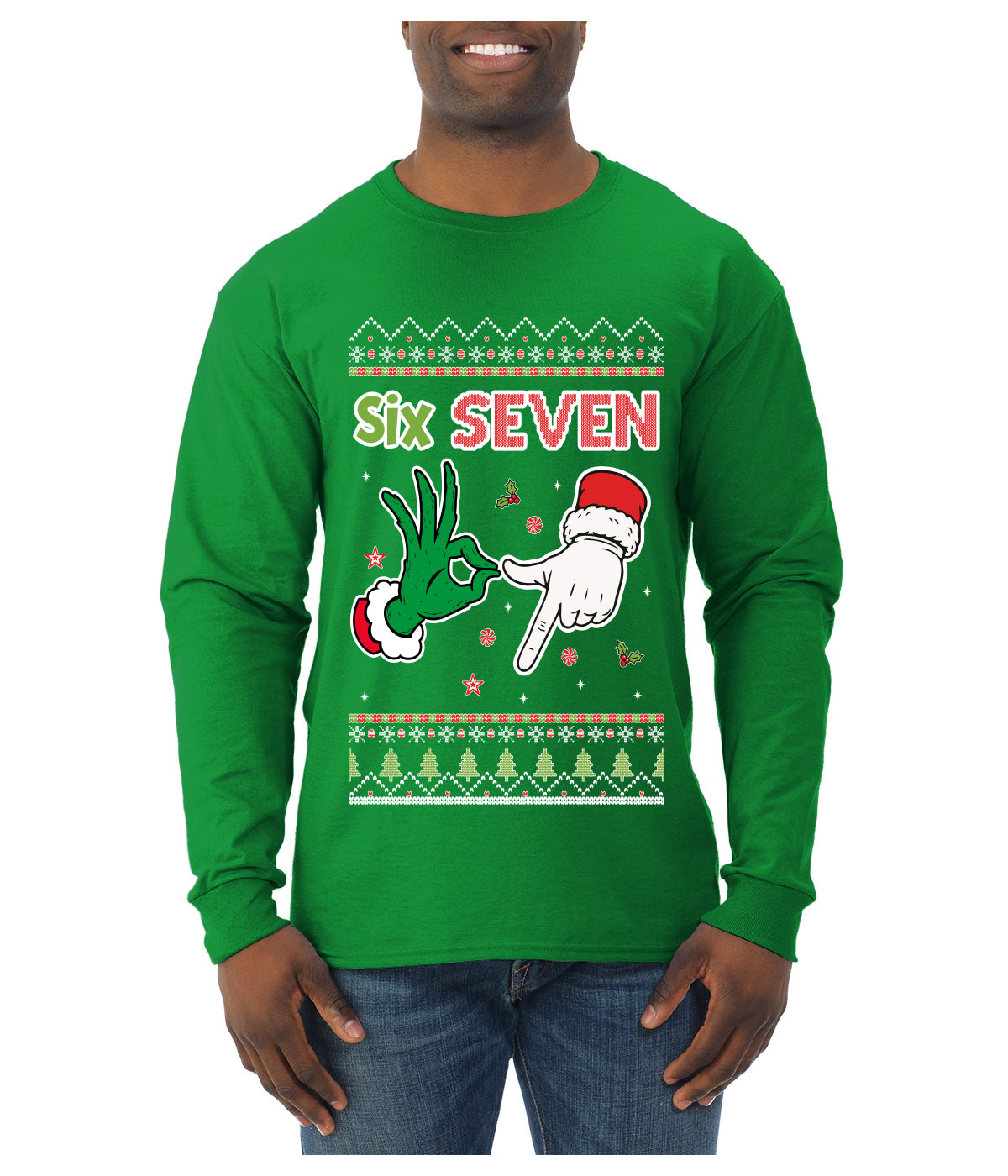 6 7 Christmas Hands, Ugly Christmas Sweater Unisex Mens Long Sleeve Shirt