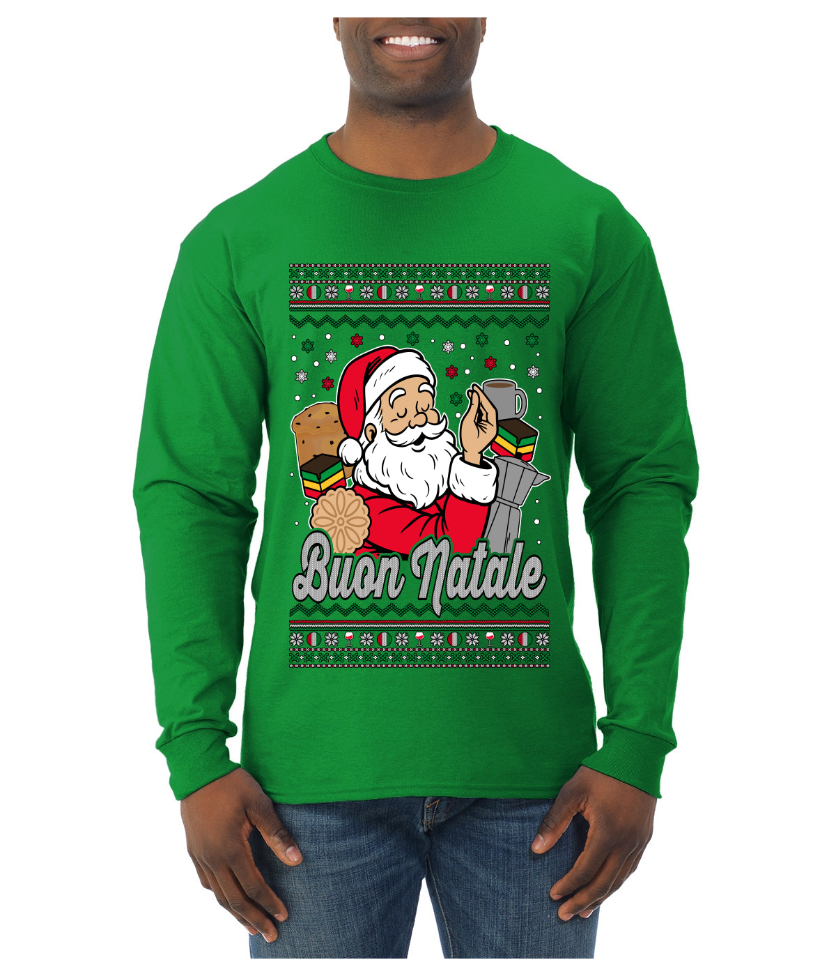 Buon Natale, Italian Santa Claus, Funny, Italian American Humor, Ugly Christmas Sweater Unisex Mens Long Sleeve Shirt
