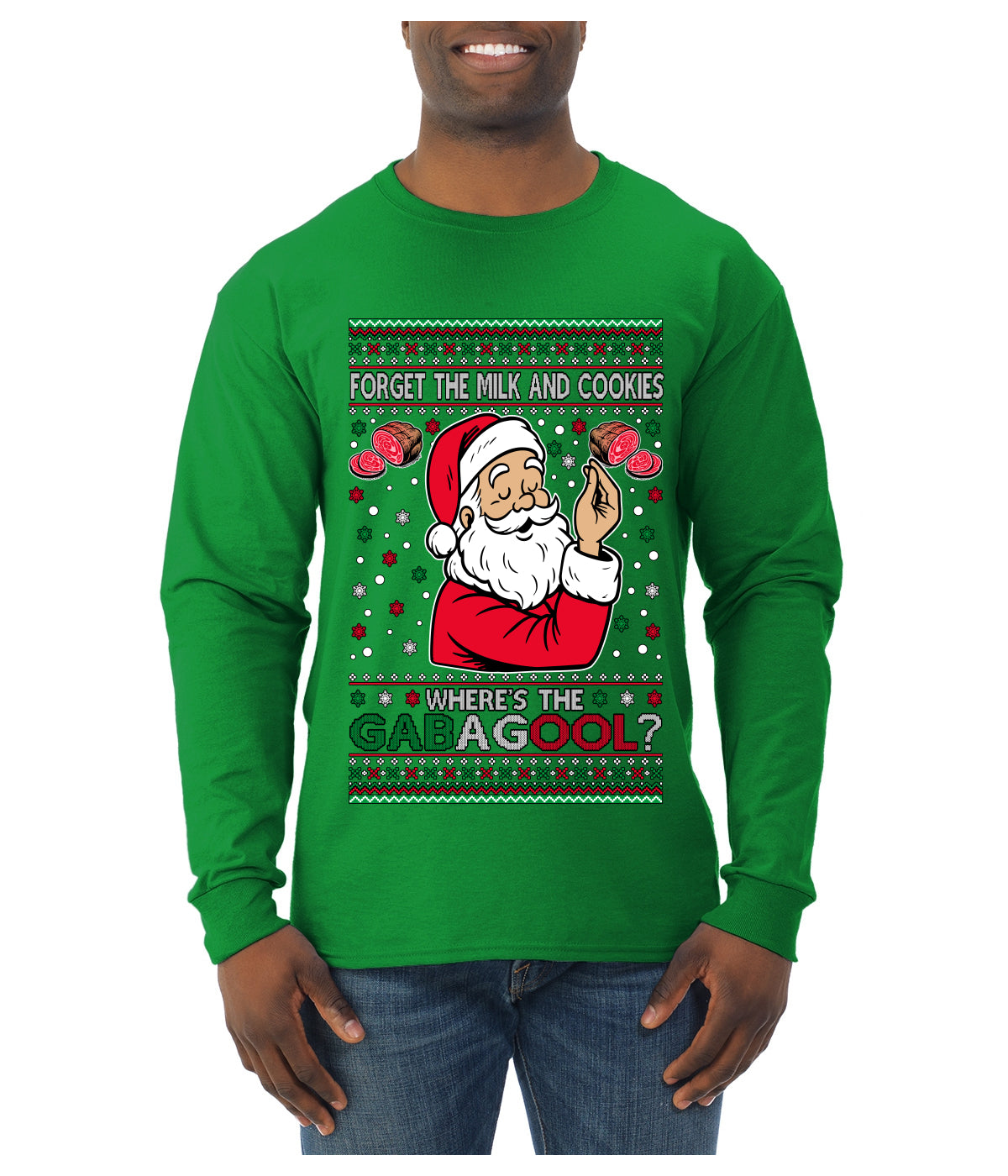 Forget The Milk And Cookies, Where's The Gabagool? Funny Italian Capicola, Italian American Slang Christmas Sweater, Ugly Christmas Sweater Unisex Mens Long Sleeve Shirt