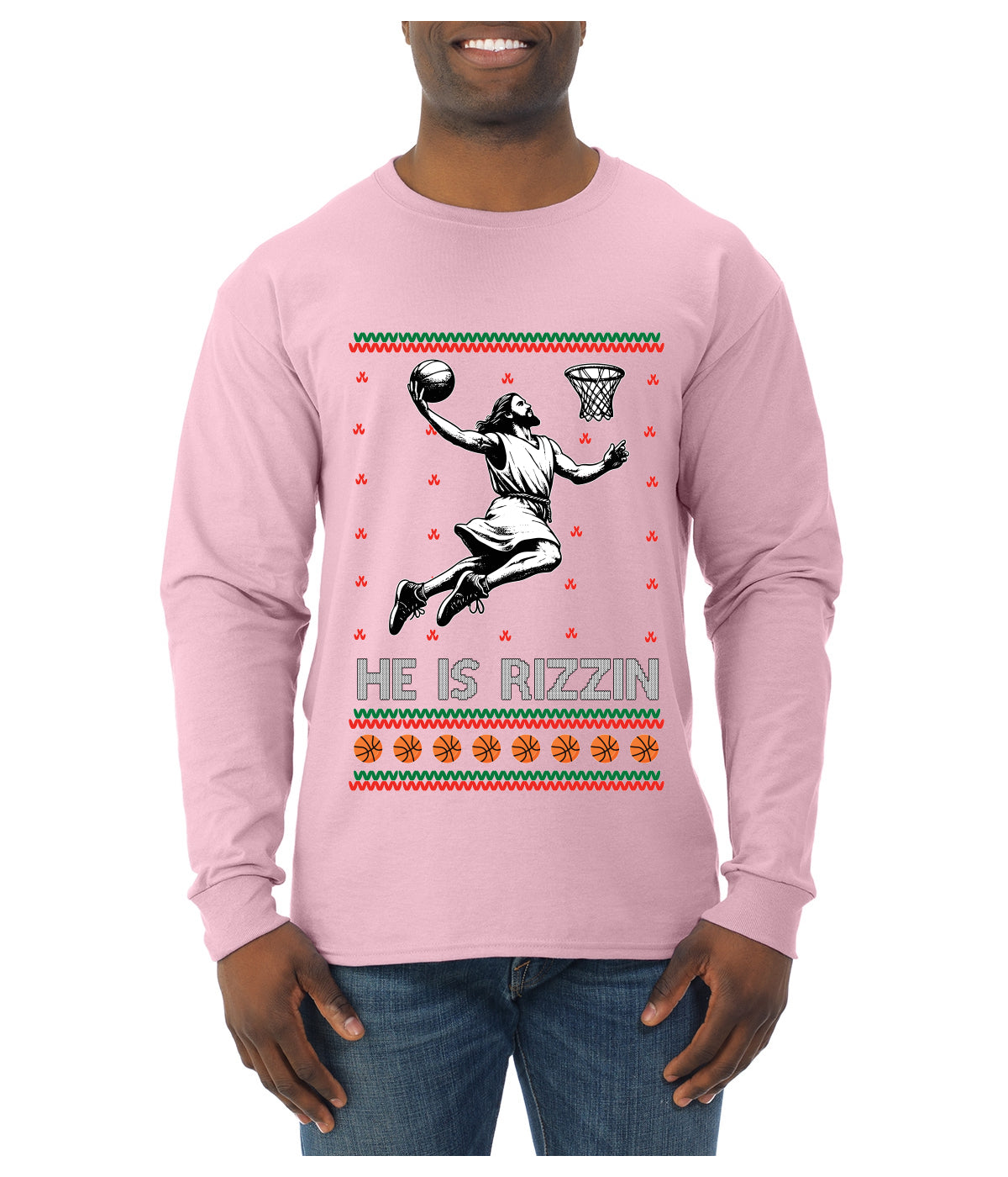 He Is Rizzin, Ugly Christmas Sweater Unisex Mens Long Sleeve Shirt
