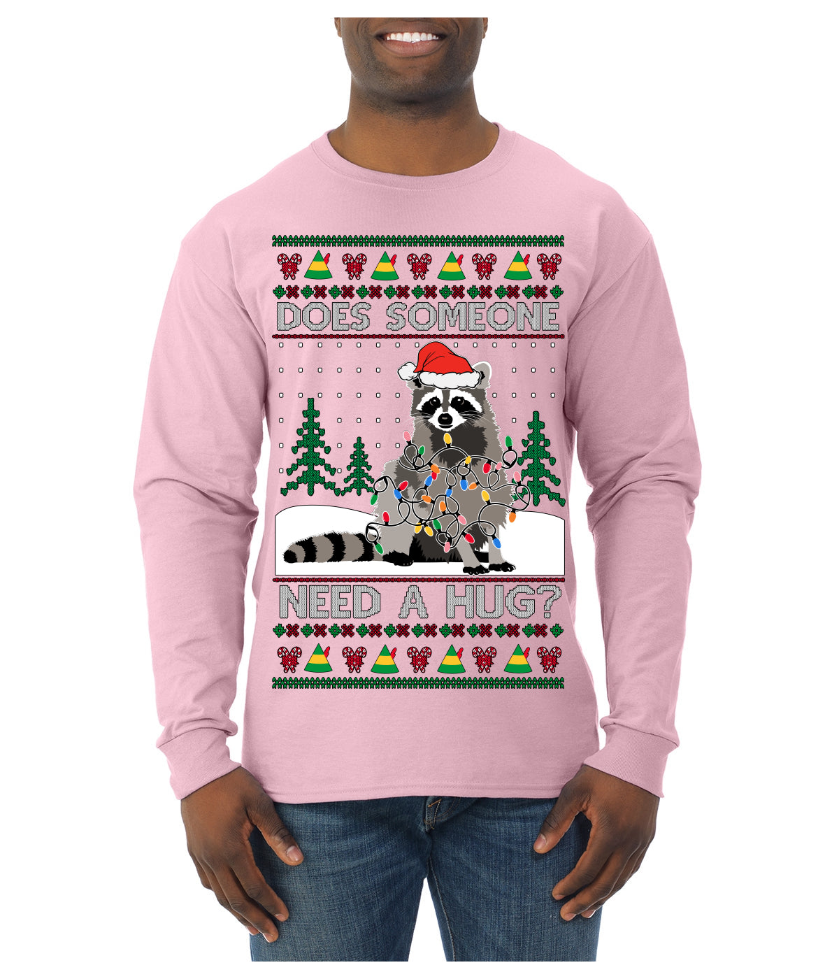 Does Someone Need a Hug? Cute Raccoon Ugly Christmas Sweater Mens Long Sleeve Shirt