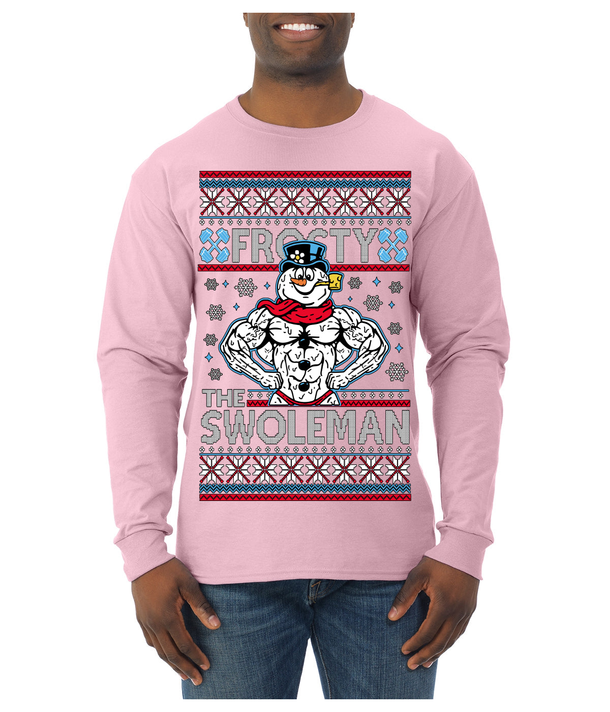 Frosty the Swoleman Funny Workout Lifting Snowman MovieUgly Christmas Sweater Mens Long Sleeve Shirt