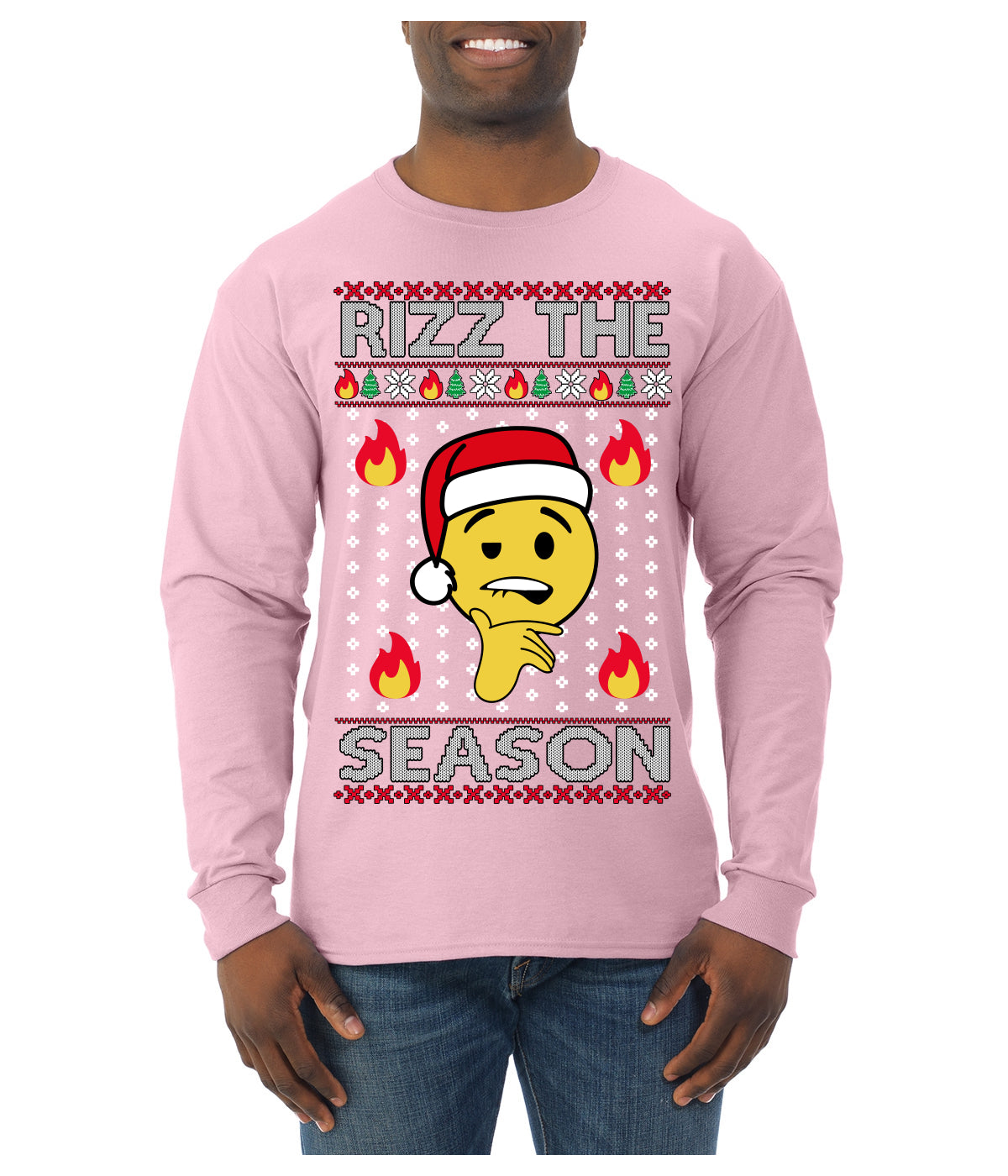 Rizz the Season Viral Internet Fire Emoji Face Meme Ugly Christmas Sweater Mens Long Sleeve Shirt