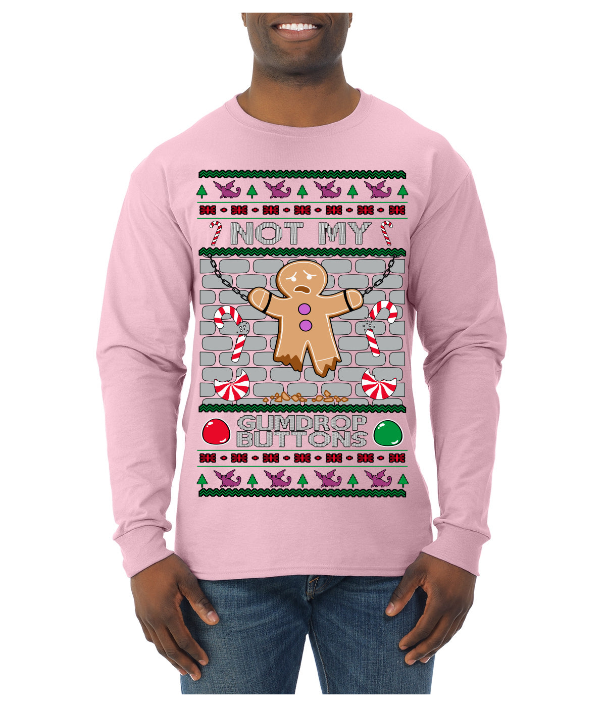 Not My Gumdrop Buttons Funny Classic Movie Quote Ugly Christmas Sweater Mens Long Sleeve Shirt
