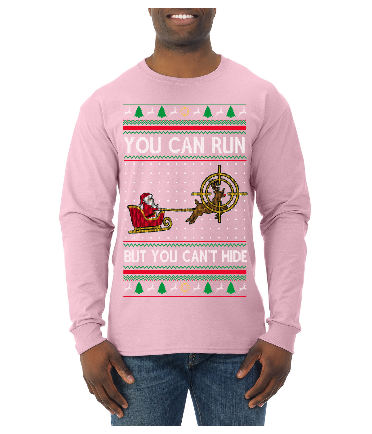 You Can Run But You Can't Hide Santa Sleigh Reindeer Ugly Christmas Sweater Mens Long Sleeve Shirt