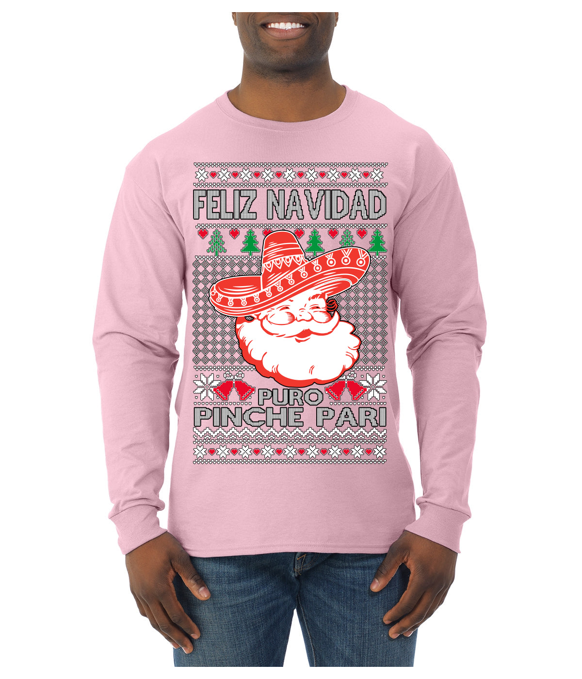 Feliz Navidad Puro Pinche Pari Funny Spanish Song Ugly Christmas Sweater Mens Long Sleeve Shirt