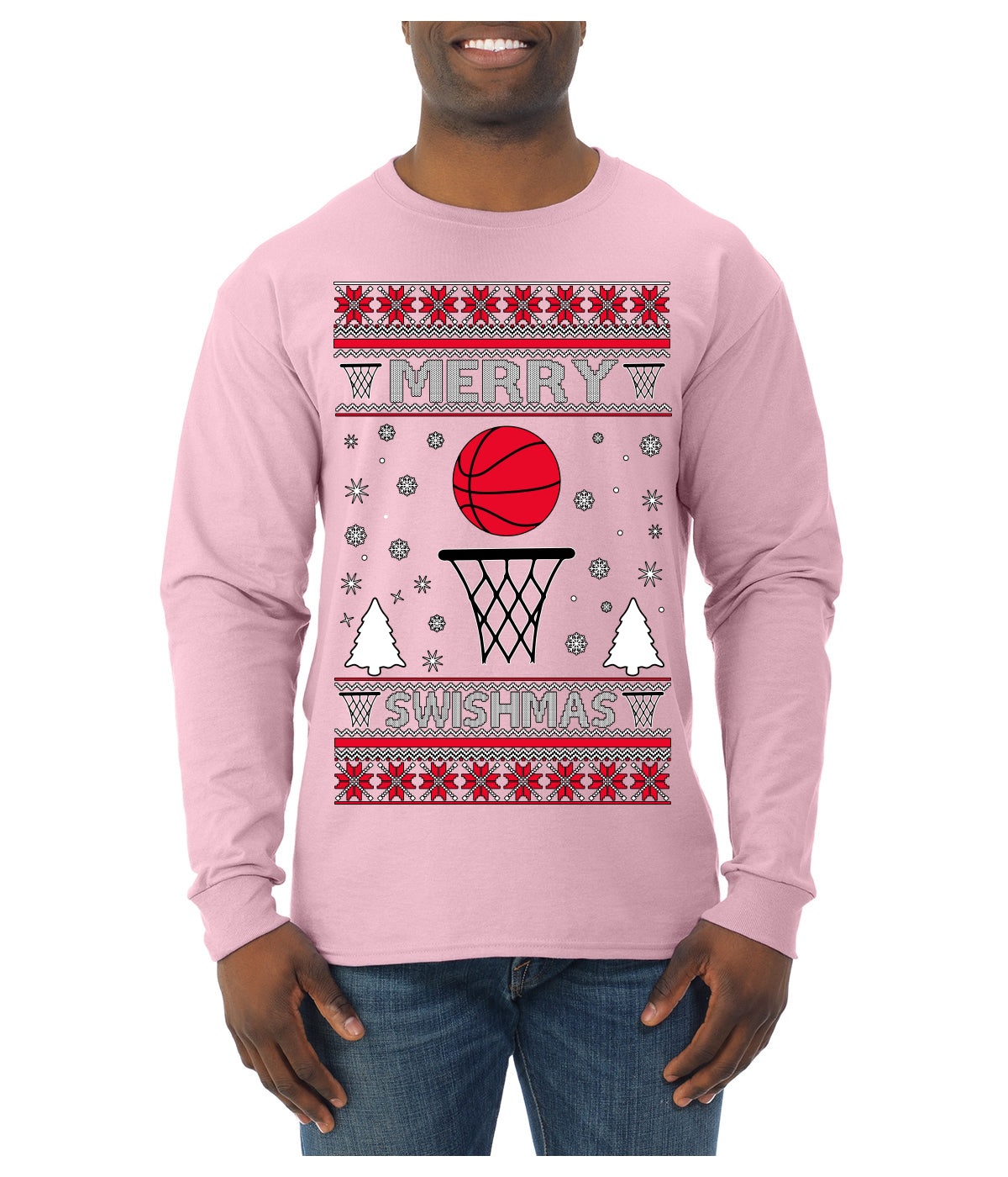 Merry Swishmas Basketball Sports Ugly Christmas Sweater Mens Long Sleeve Shirt