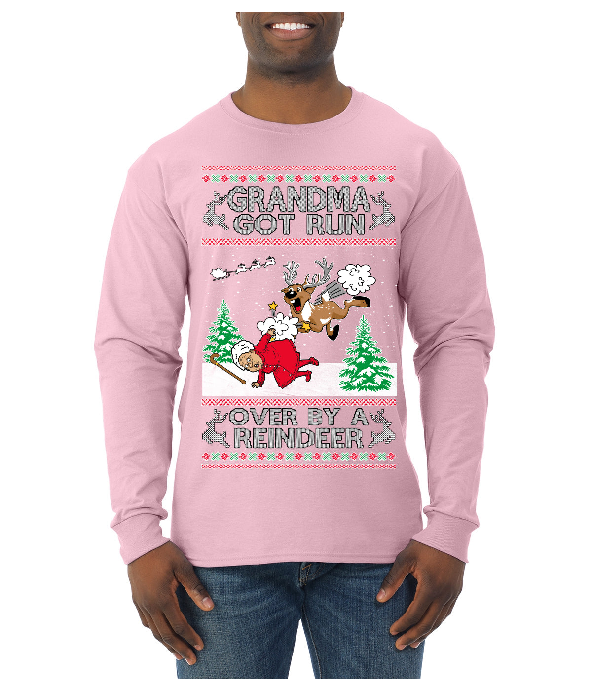Grandma Got Run Over by a Reindeer, Funny Animated Design Rein Deer Kids TV Song Movie Ugly Christmas Sweater Mens Long Sleeve Shirt