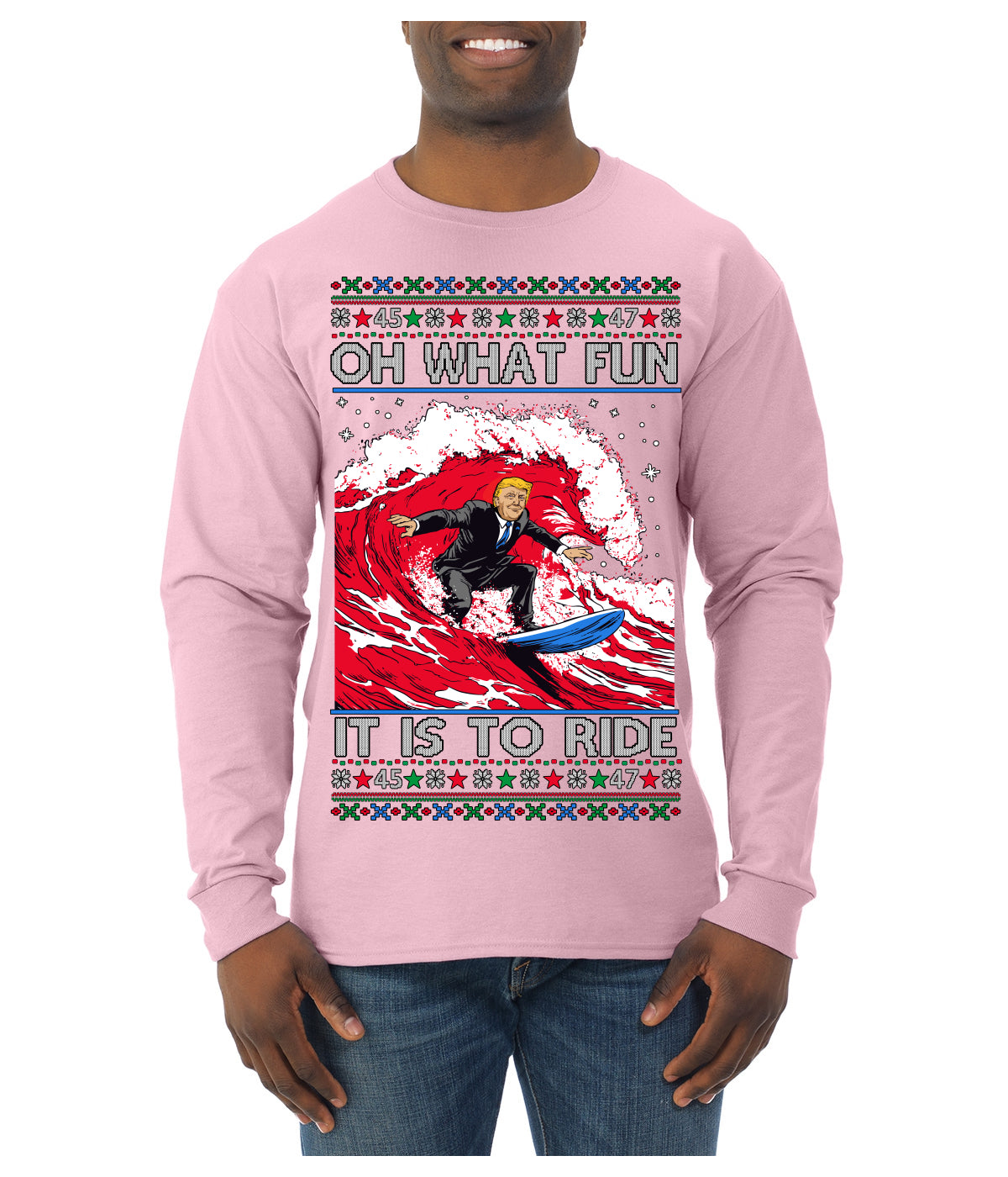 Oh What Fun It Is to Ride Donald Trump Red Wave Landslide Ugly Christmas Sweater Mens Long Sleeve Shirt