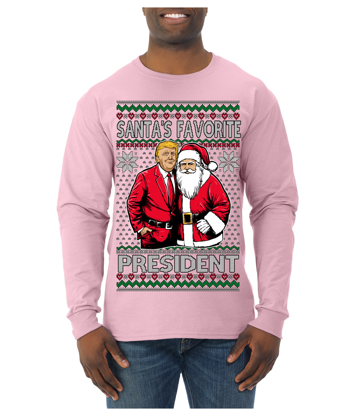Santa's Favorite President Red Suit Trump Ugly Christmas Sweater Mens Long Sleeve Shirt