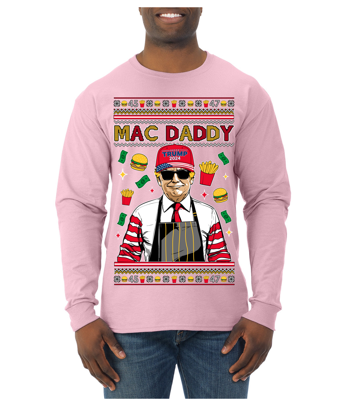 Mac Daddy Funny Viral Trump Meme Fast Food Fries Burgers Ugly Christmas Sweater Mens Long Sleeve Shirt