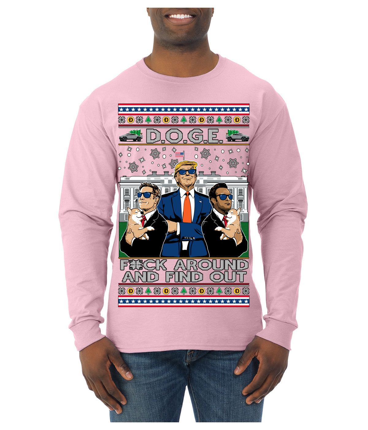 Doge F Around and Find Out Donald Trump Elon Vivek MAGA Ugly Christmas Sweater Mens Long Sleeve Shirt
