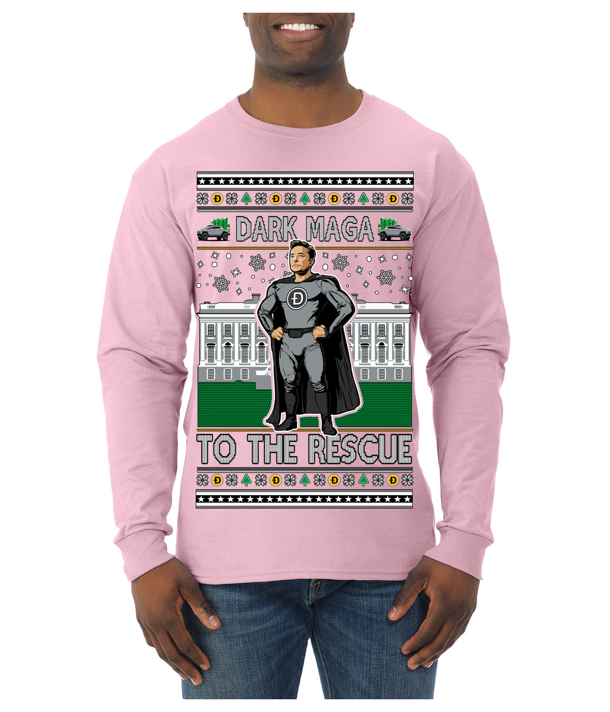 Dark MAGA to the Rescue Elon Superhero Doge Crypto Ugly Christmas Sweater Mens Long Sleeve Shirt