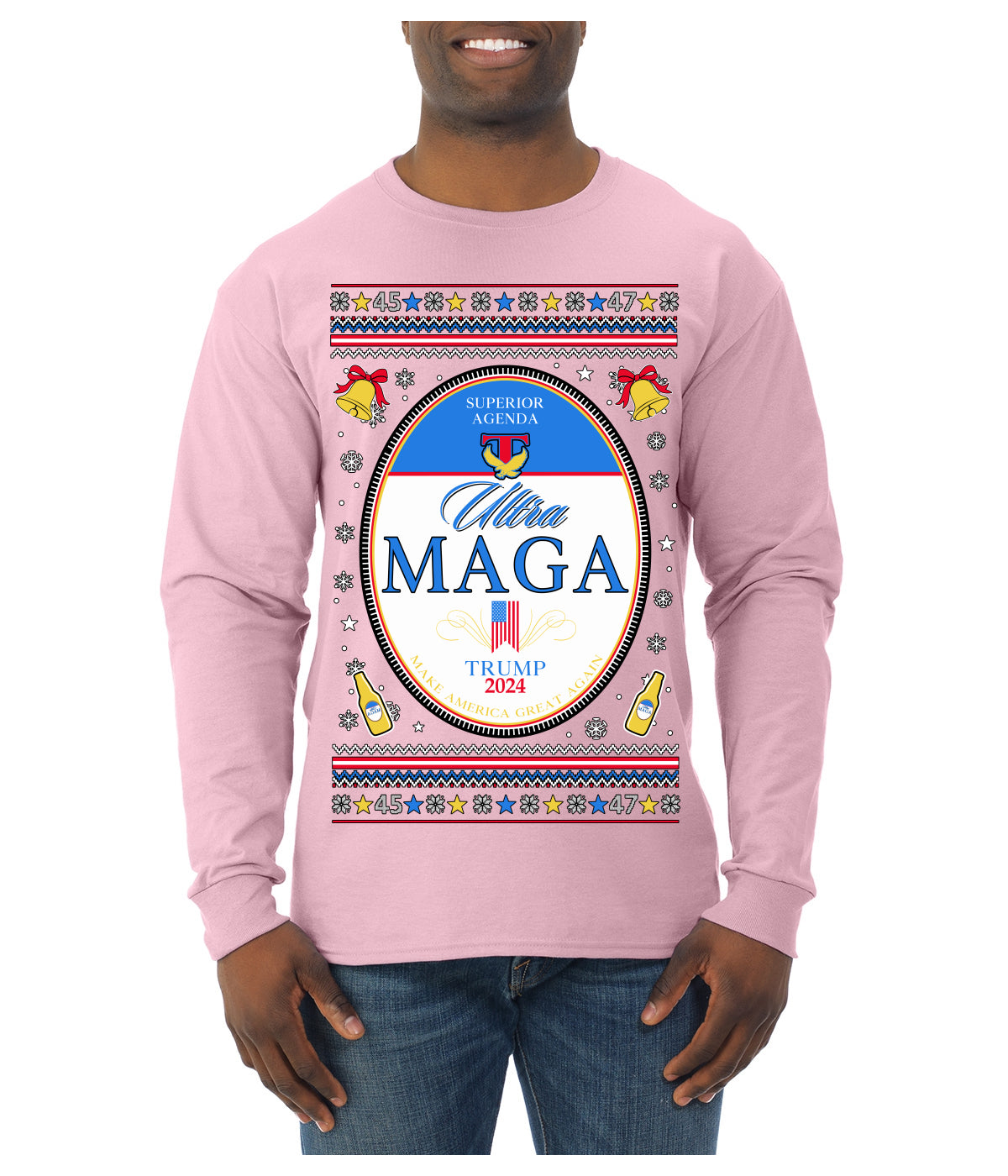 Ultra MAGA Superior Agenda Trump 2024 Funny Beer Logo Ugly Christmas Sweater Mens Long Sleeve Shirt