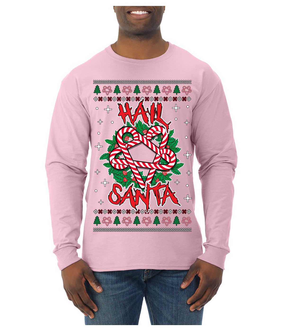 Hail Santa Funny Satanic Candy Devil Heavy Metal Satan Ugly Christmas Sweater Mens Long Sleeve Shirt