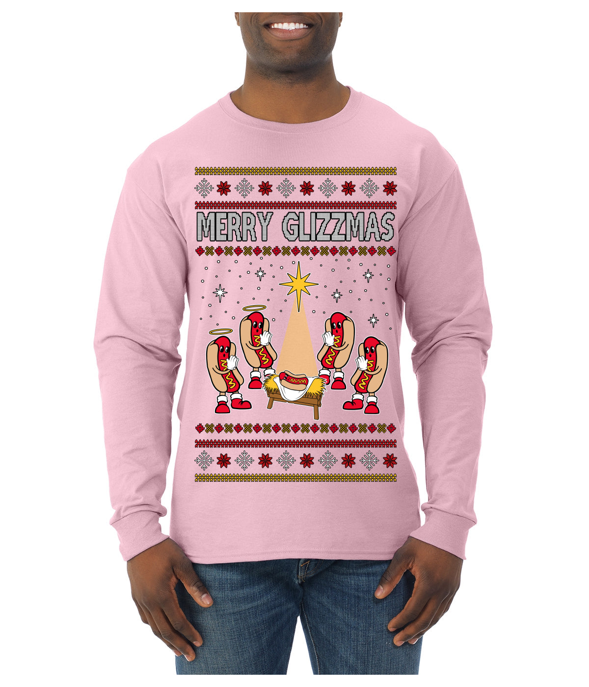 Merry Glizzmas, Funny Glizzy Hot Dog Baby Jesus Catholic Nativity, Fast Food Mustard Condiment Glizzys Humor Ugly Christmas Sweater Mens Long Sleeve Shirt