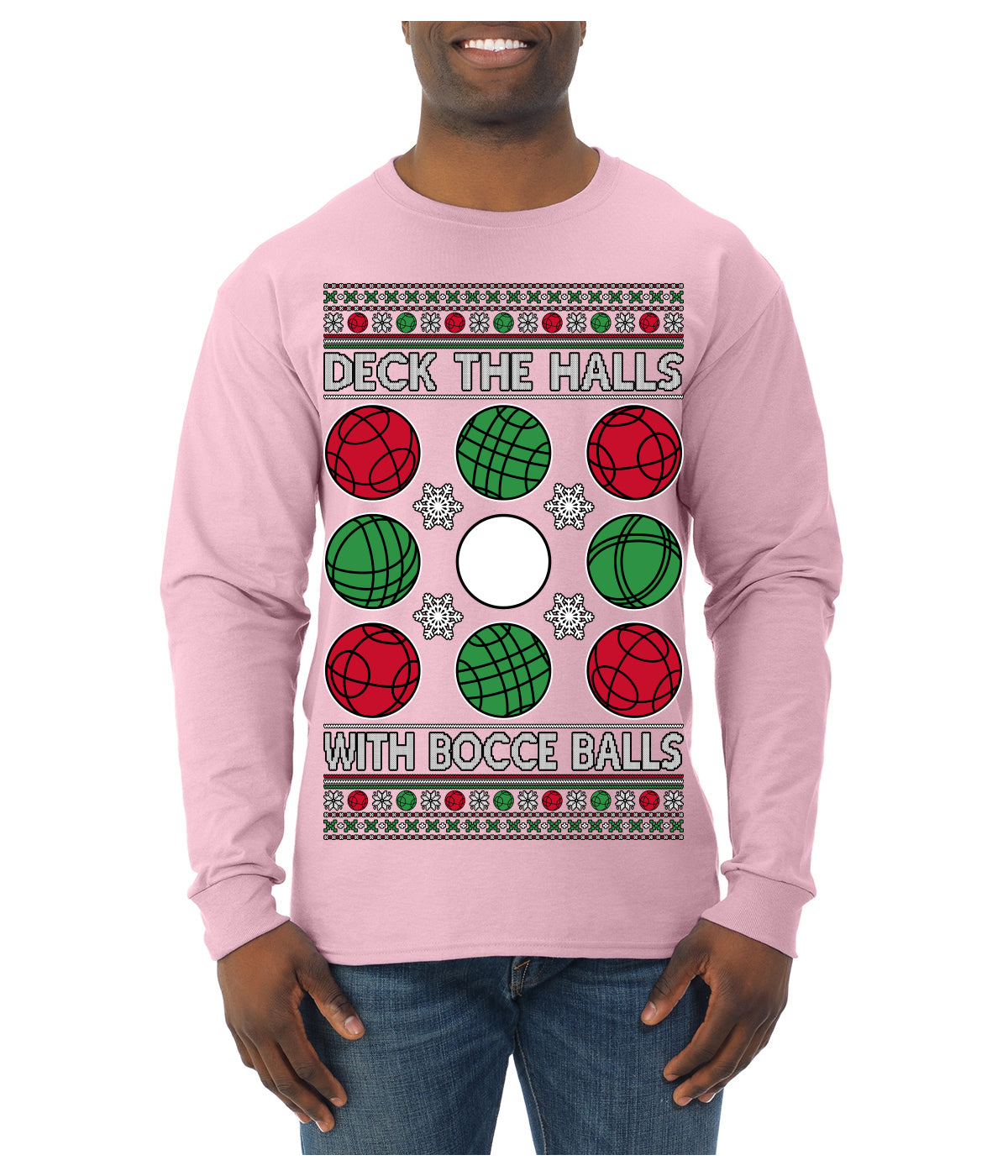 Deck the Halls with Bocce Balls, Funny Classic Italy Italian Sports Ugly Christmas Sweater Mens Long Sleeve Shirt