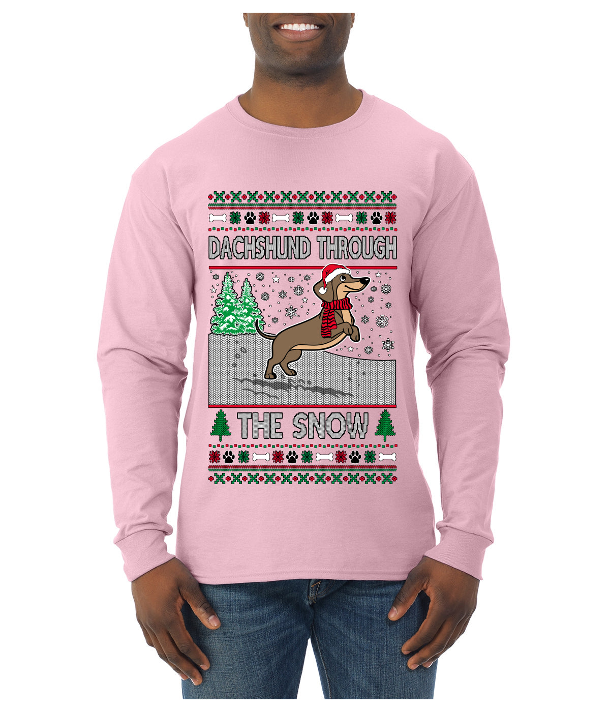 Dachshund Through The Snow, Cute Dog Christmas Sweater, Ugly Christmas Sweater Mens Long Sleeve Shirt
