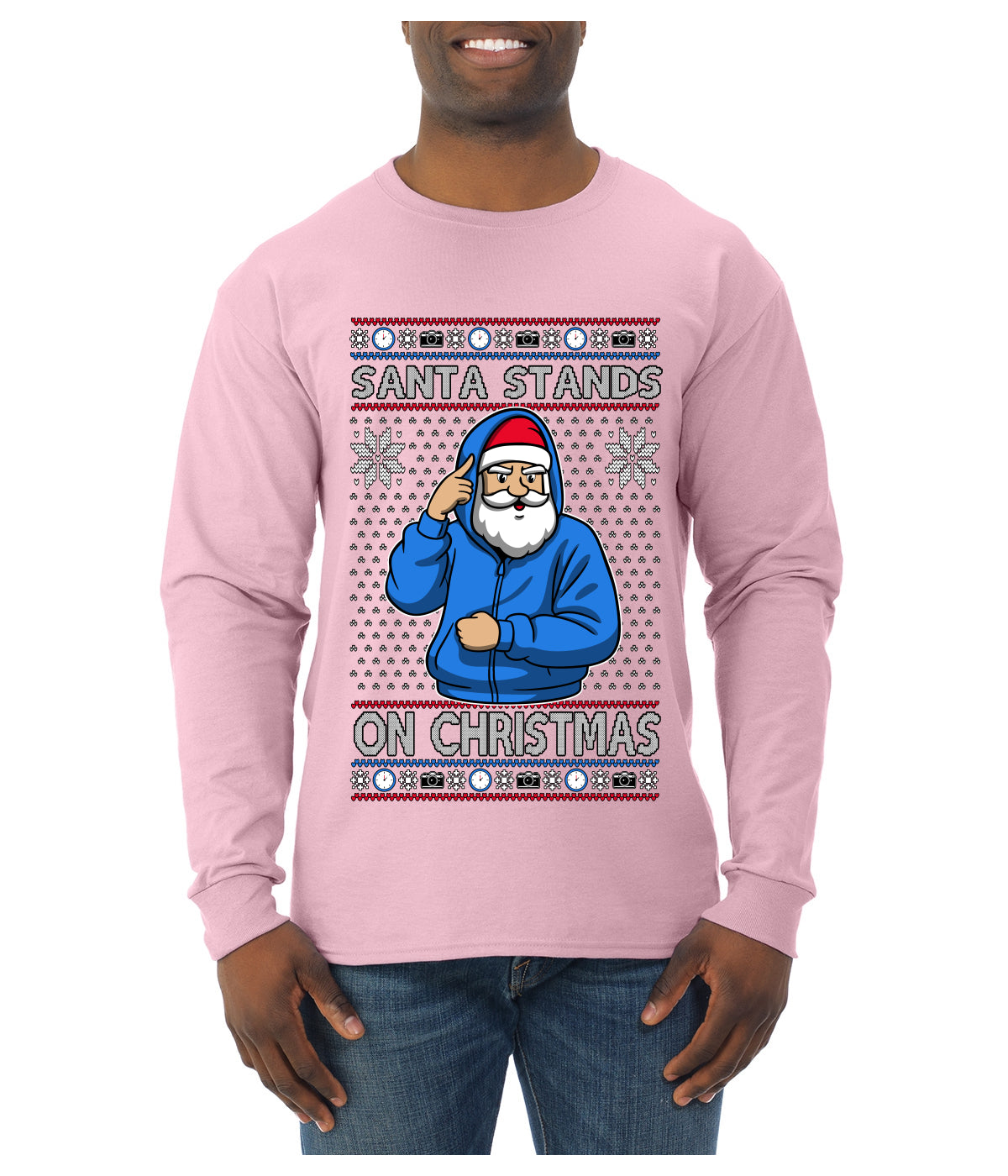 Santa Stands On Christmas, Ugly Christmas Sweater Mens Long Sleeve Shirt