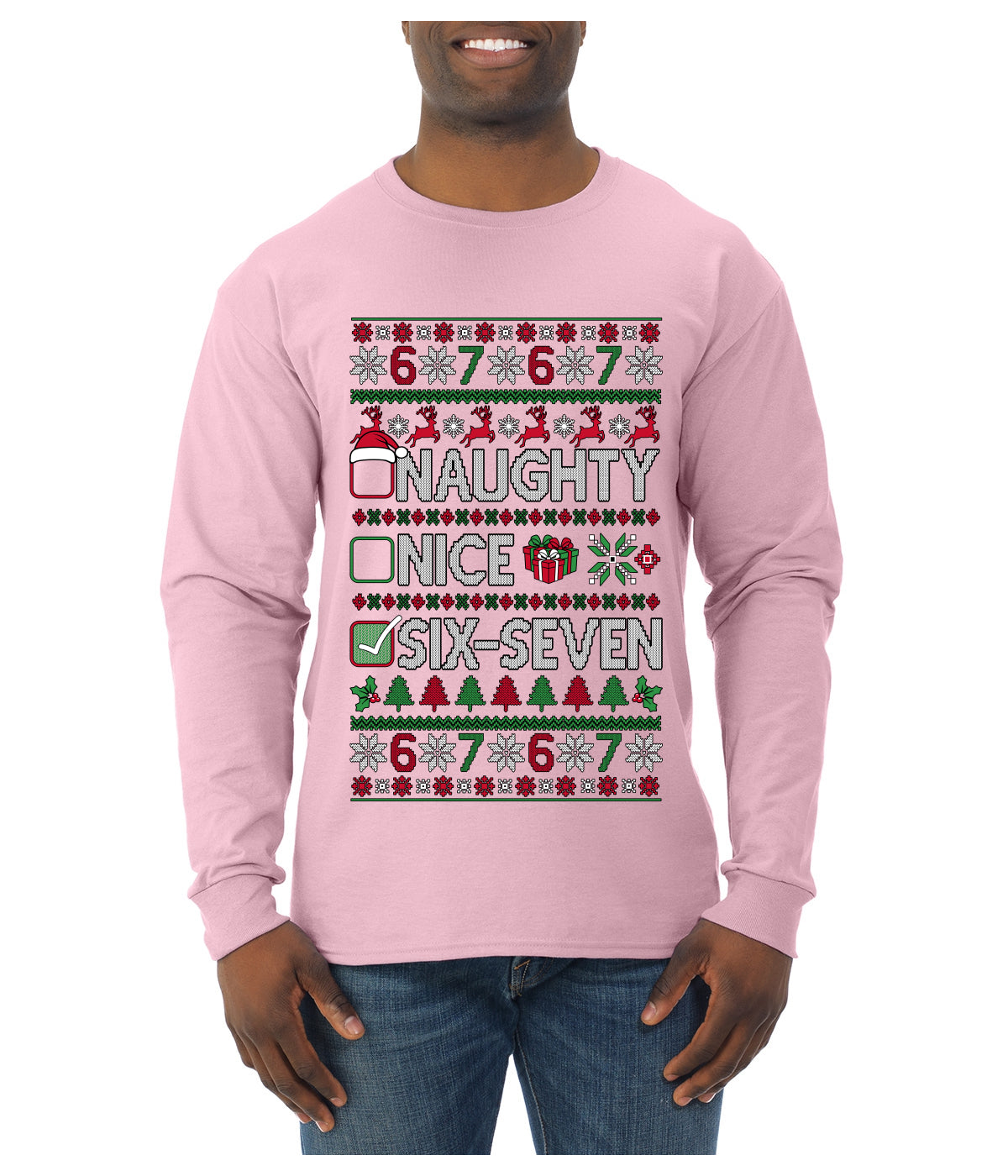 Naughty Nice 6 7 Checklist, Ugly Christmas Sweater Unisex Mens Long Sleeve Shirt