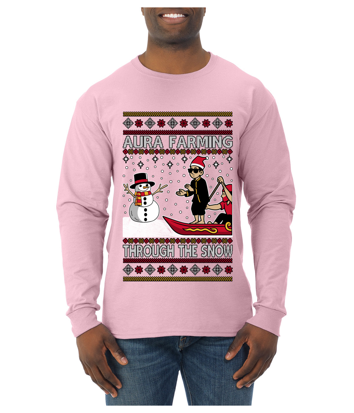 Aura Farming Through The Snow Meme, Ugly Christmas Sweater Unisex Mens Long Sleeve Shirt