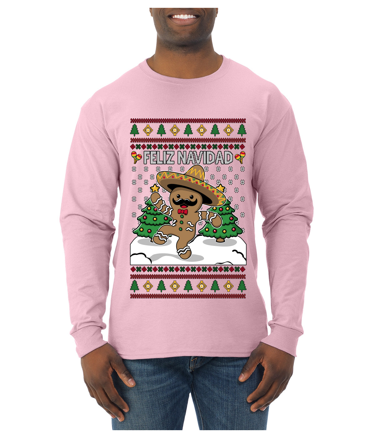 Feliz Navidad Dancing Gingerbread Man, Ugly Christmas Sweater Unisex Mens Long Sleeve Shirt