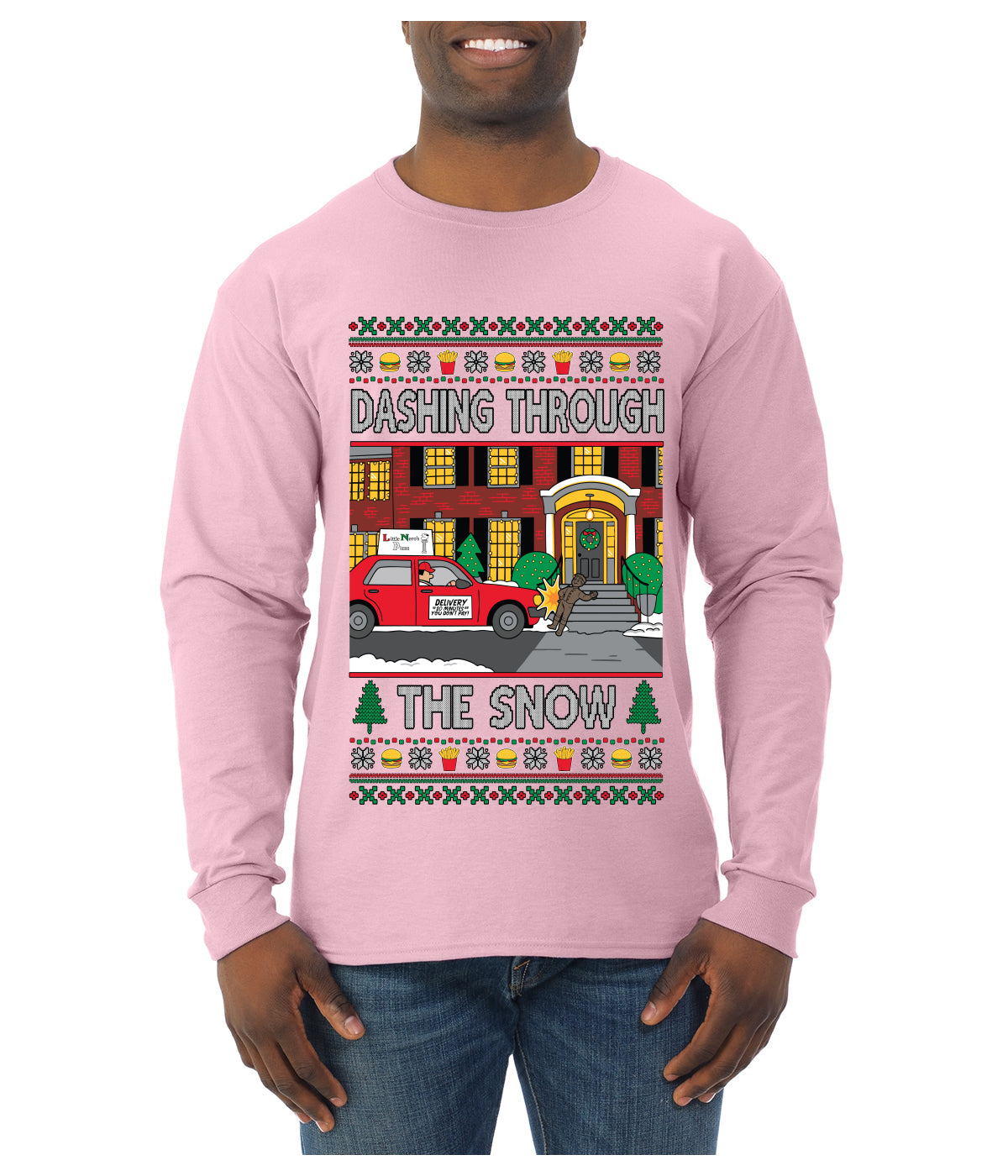 Dashing Through The Snow Classic 90s Holiday Movie, Ugly Christmas Sweater Unisex Mens Long Sleeve Shirt