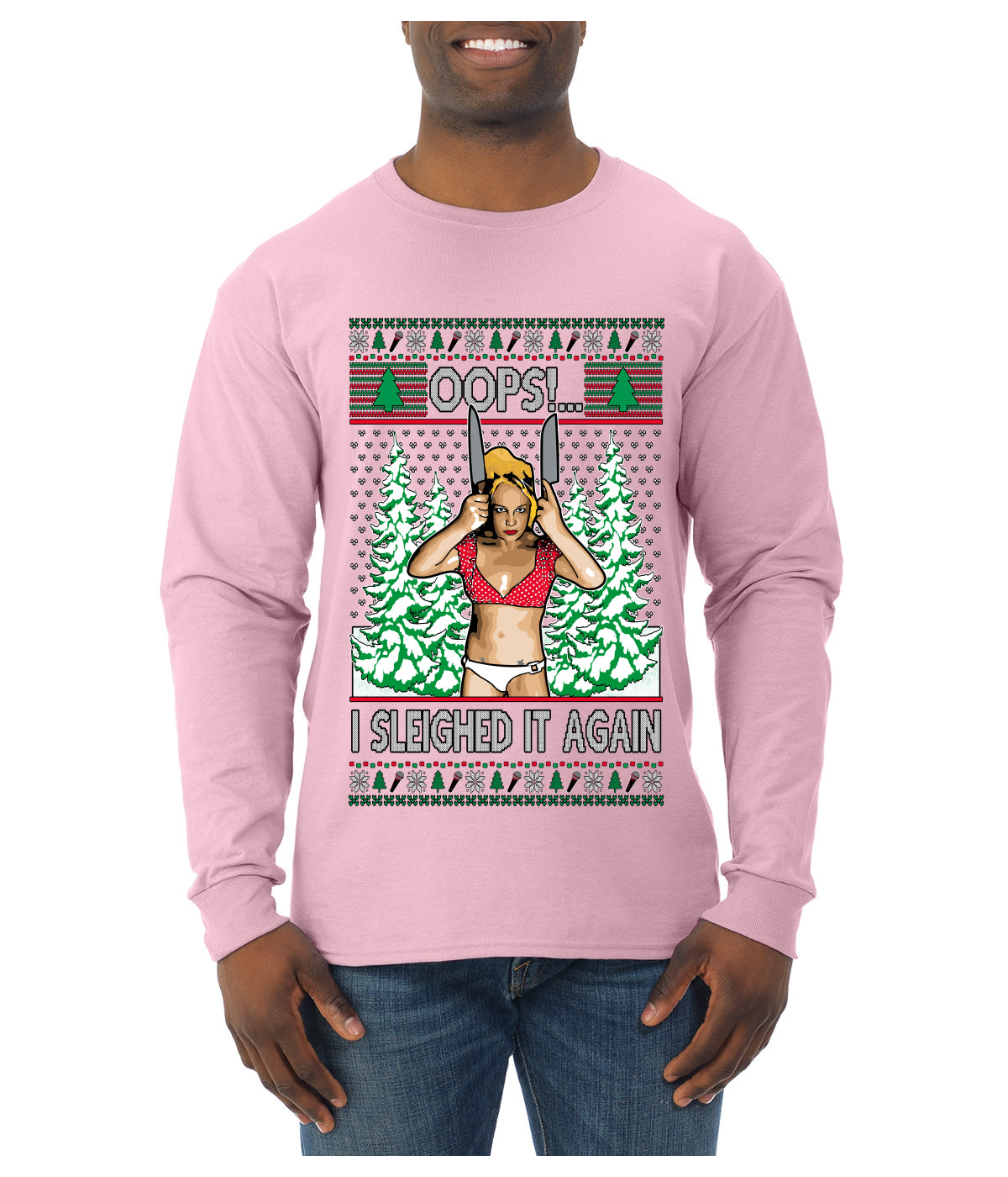 Funny, Knives Popstar Dancing, Music Lover Comedic Christmas Sweater Design, Ugly Christmas Sweater Unisex Mens Long Sleeve Shirt