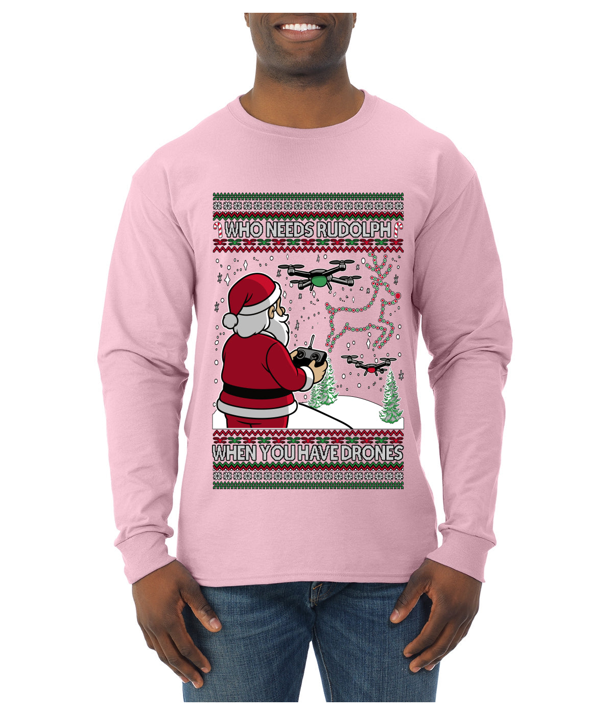 Santa Drone Show Reindeer, Ugly Christmas Sweater Unisex Mens Long Sleeve Shirt